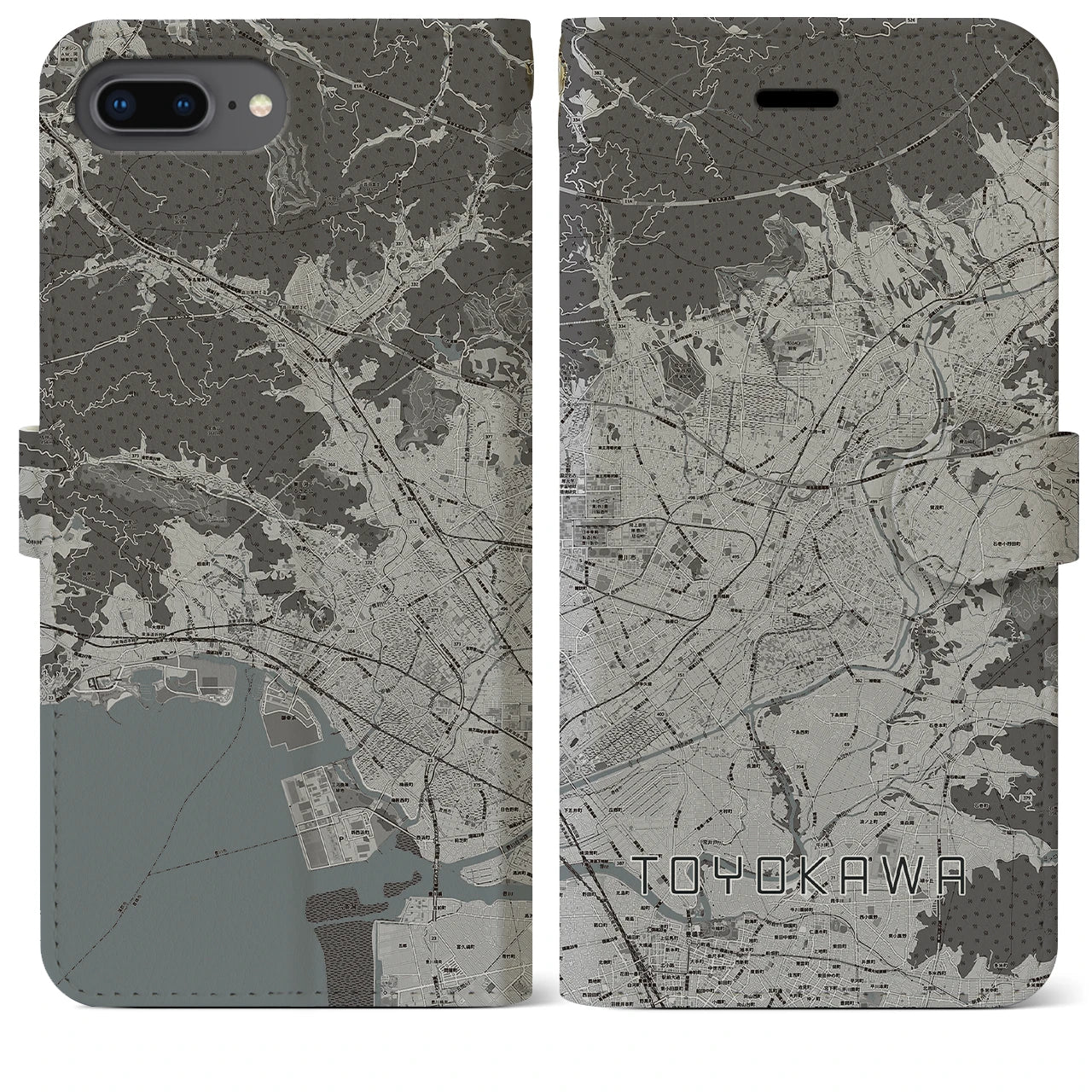 【豊川(愛知県)】地図柄iPhoneケース(手帳タイプ)モノトーン・iPhone 8Plus /7Plus / 6sPlus / 6Plus 用