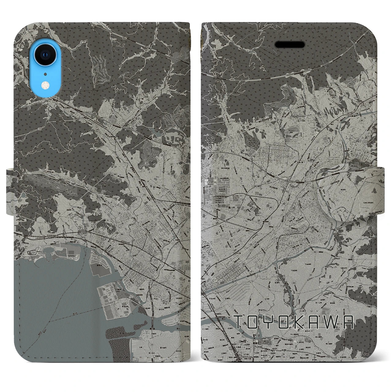 【豊川(愛知県)】地図柄iPhoneケース(手帳タイプ)モノトーン・iPhone XR 用