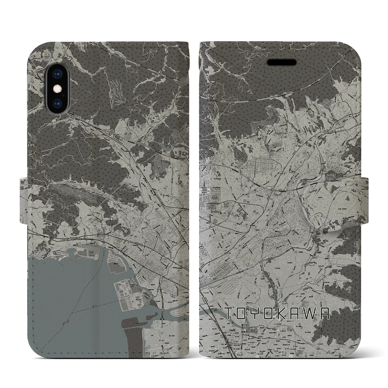 【豊川(愛知県)】地図柄iPhoneケース(手帳タイプ)モノトーン・iPhone XS / X 用