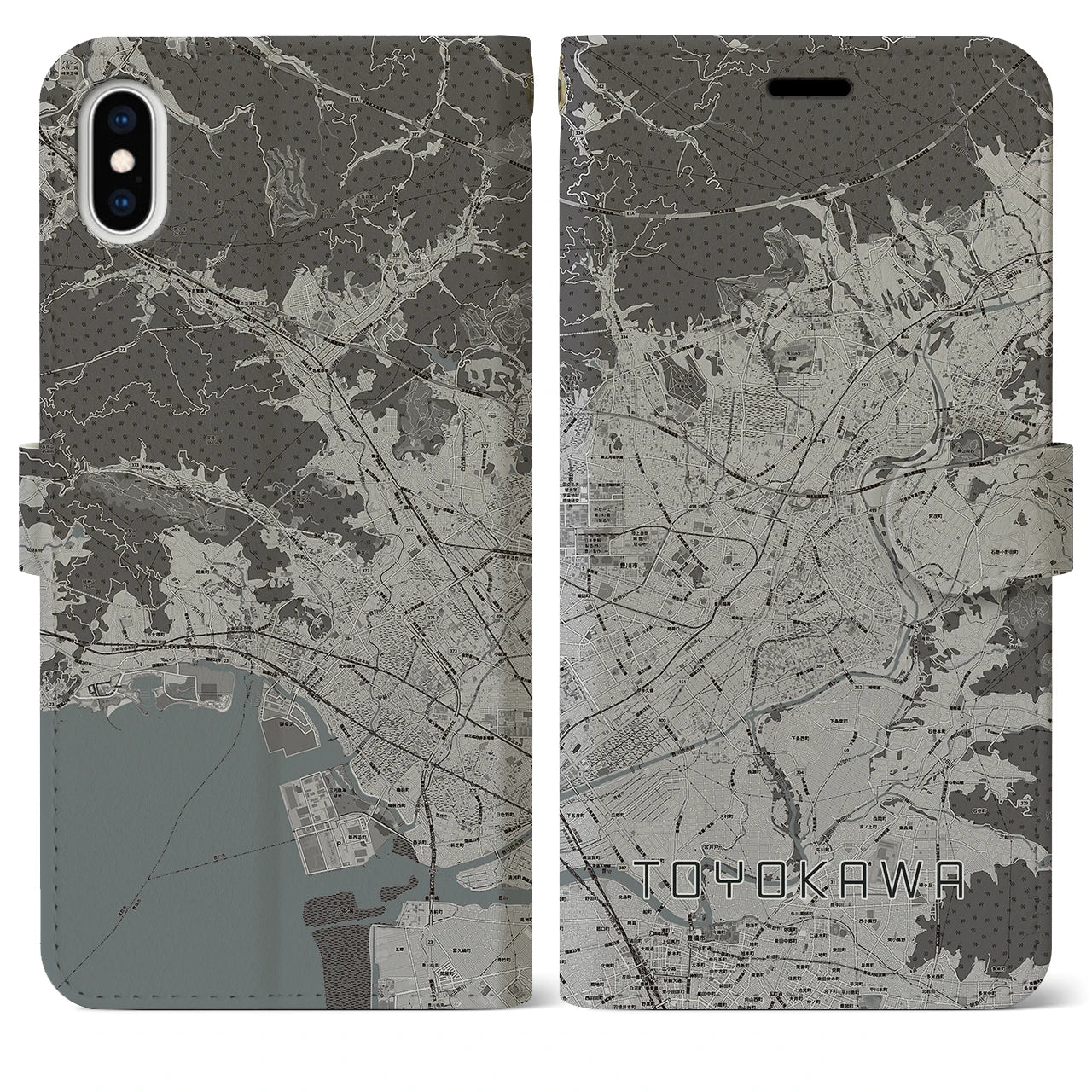 【豊川(愛知県)】地図柄iPhoneケース(手帳タイプ)モノトーン・iPhone XS Max 用