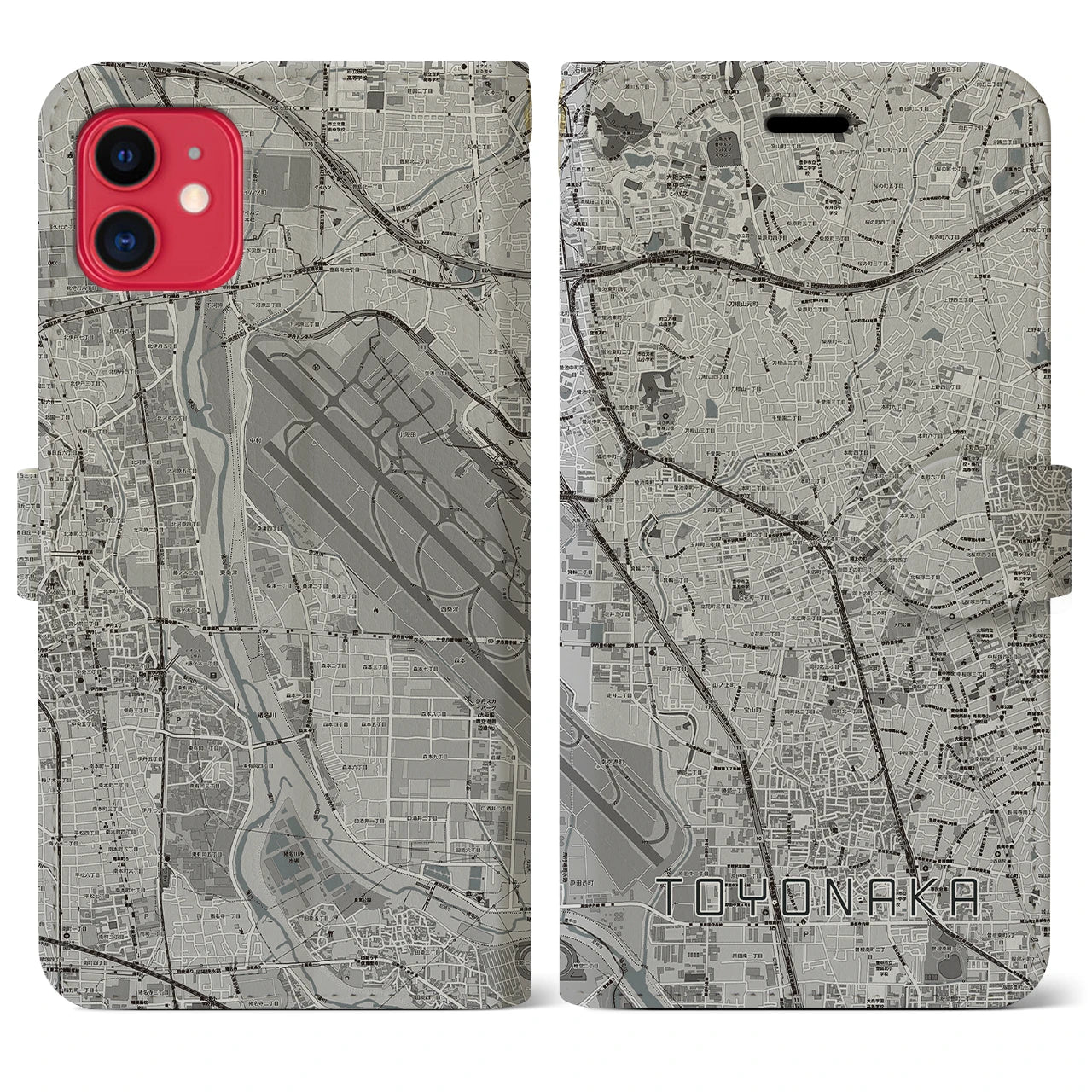 【豊中(大阪府)】地図柄iPhoneケース(手帳タイプ)モノトーン・iPhone 11 用