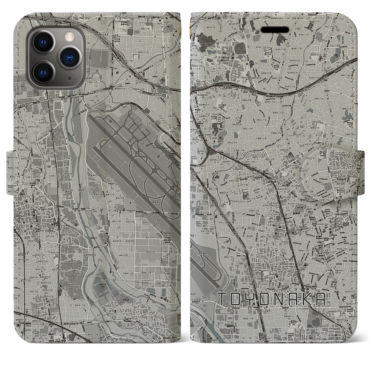 【豊中(大阪府)】地図柄iPhoneケース(手帳タイプ)モノトーン・iPhone 11 Pro Max 用