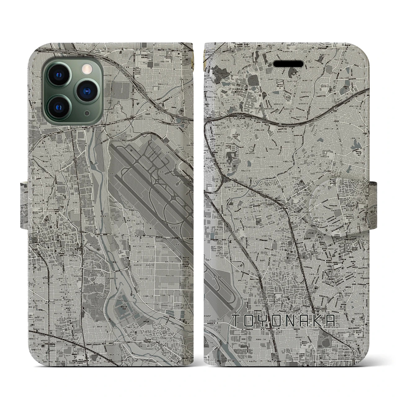 【豊中(大阪府)】地図柄iPhoneケース(手帳タイプ)モノトーン・iPhone 11 Pro 用