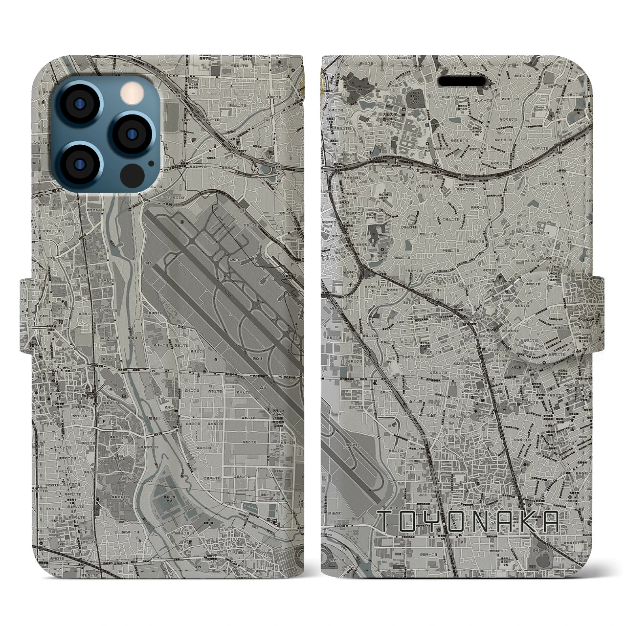 【豊中(大阪府)】地図柄iPhoneケース(手帳タイプ)モノトーン・iPhone 12 / 12 Pro 用
