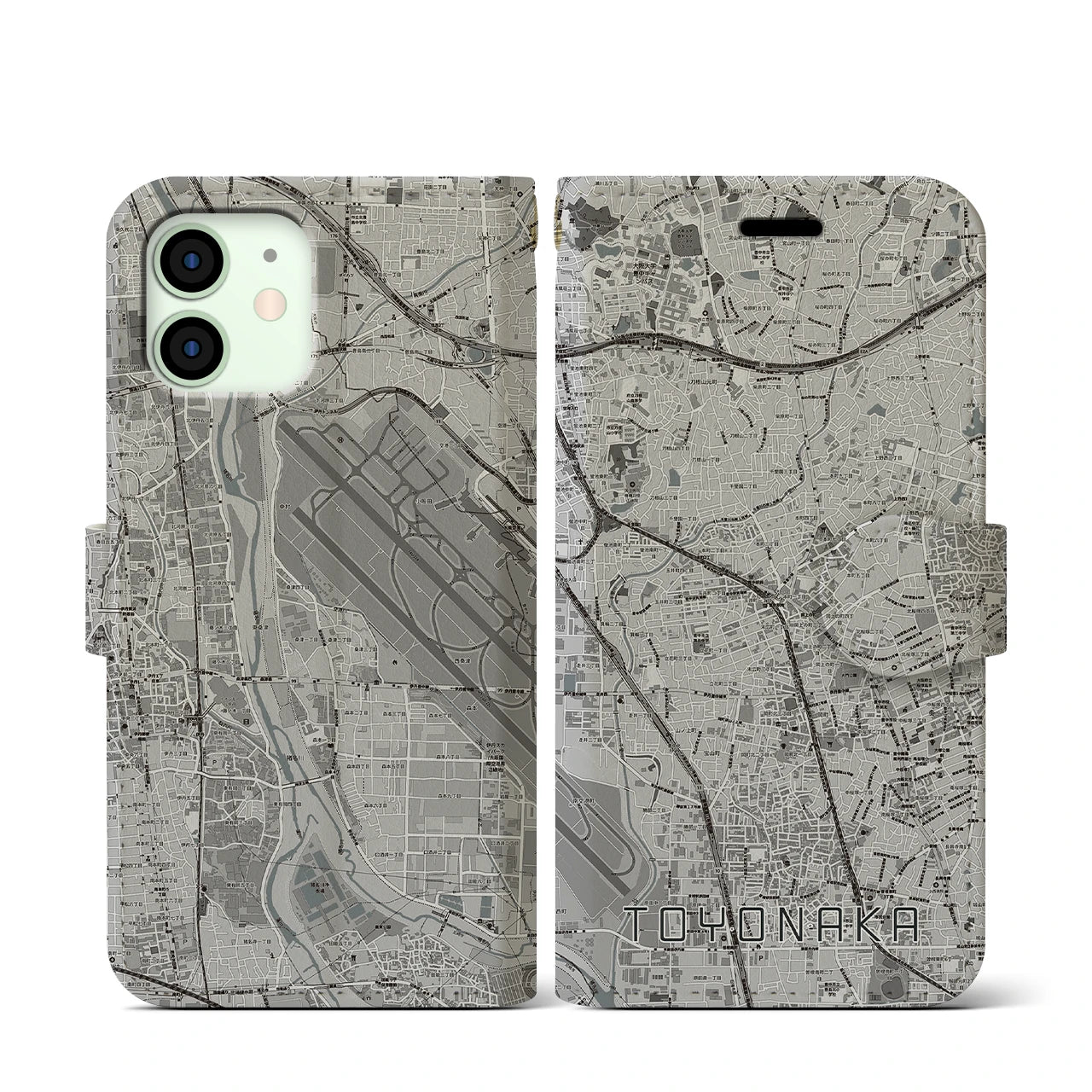 【豊中(大阪府)】地図柄iPhoneケース(手帳タイプ)モノトーン・iPhone 12 mini 用