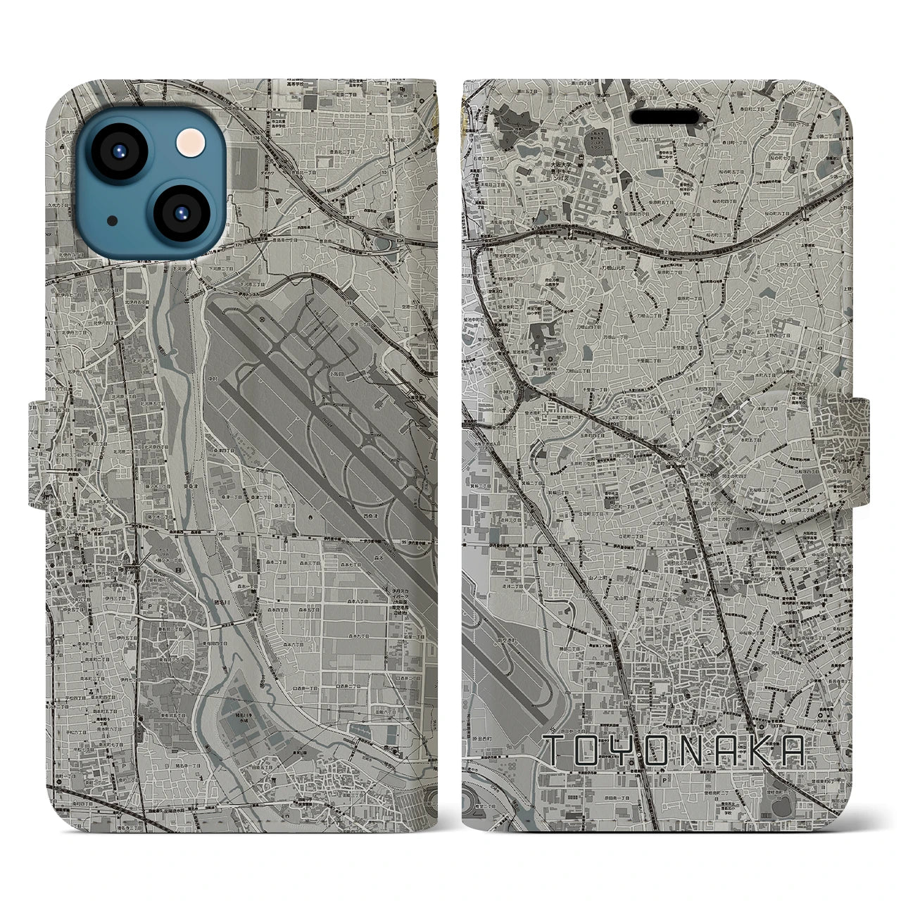 【豊中(大阪府)】地図柄iPhoneケース(手帳タイプ)モノトーン・iPhone 13 用