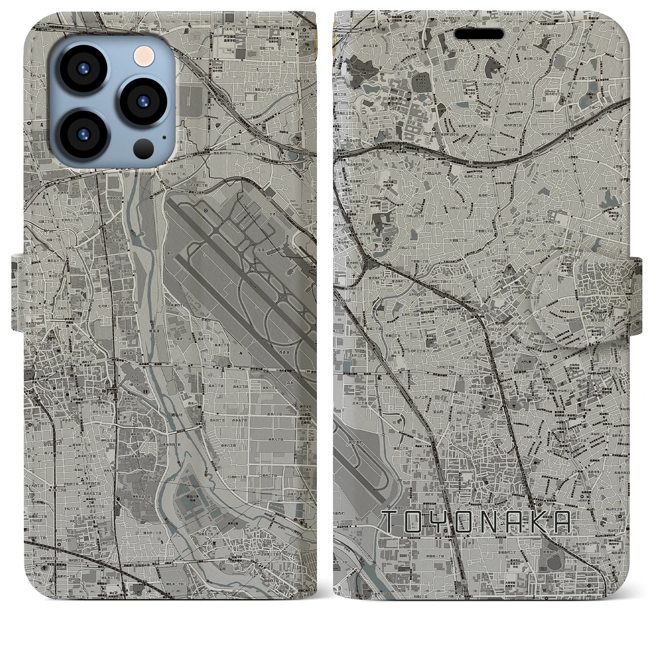 【豊中(大阪府)】地図柄iPhoneケース(手帳タイプ)モノトーン・iPhone 13 Pro Max 用
