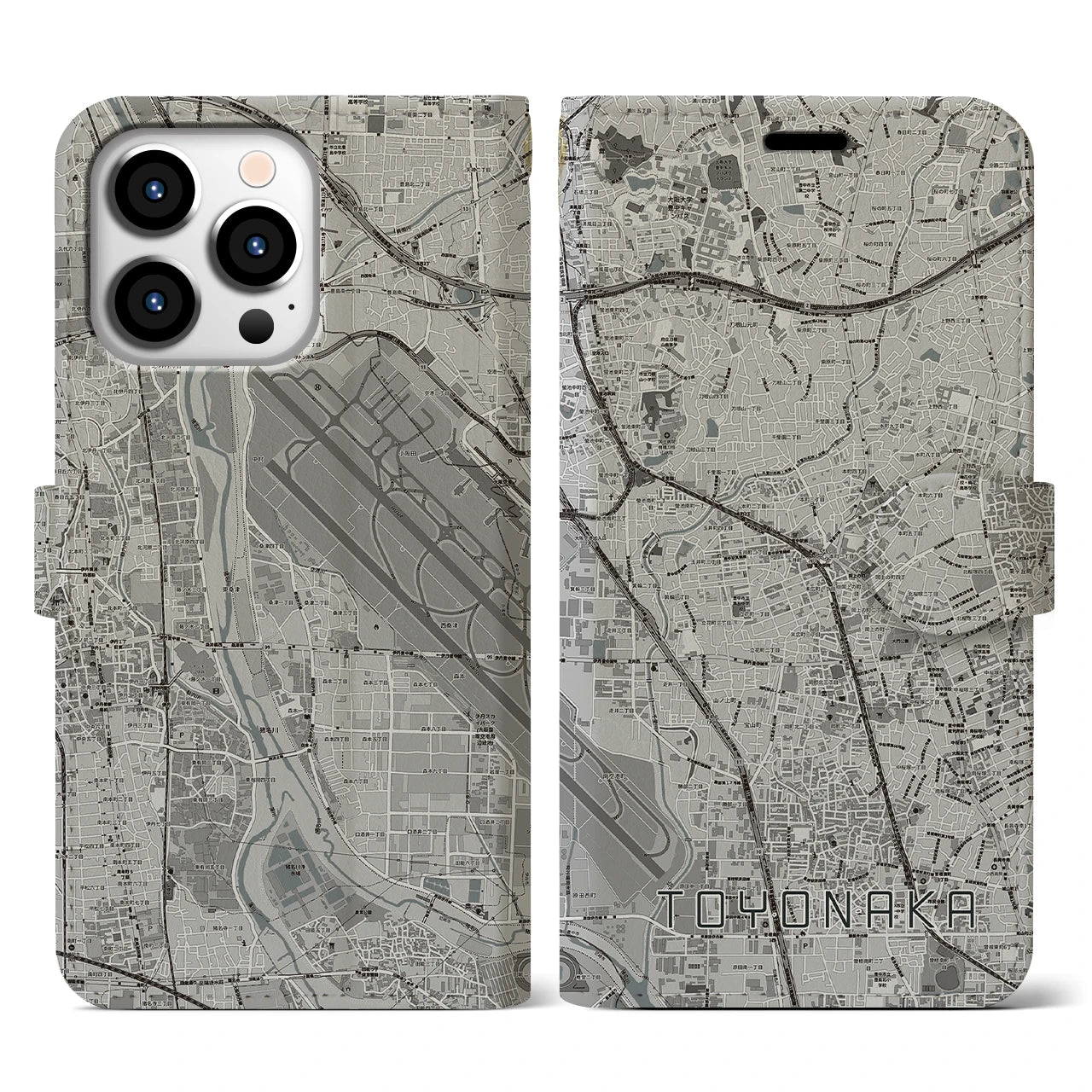 【豊中(大阪府)】地図柄iPhoneケース(手帳タイプ)モノトーン・iPhone 13 Pro 用