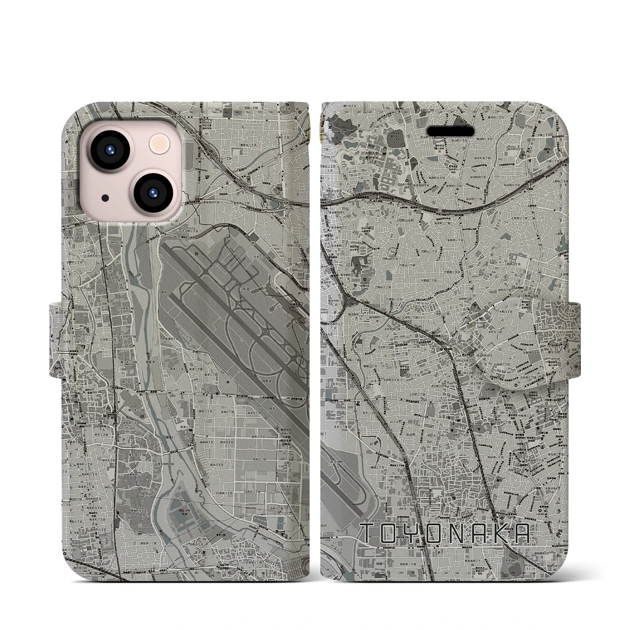 【豊中(大阪府)】地図柄iPhoneケース(手帳タイプ)モノトーン・iPhone 13 mini 用