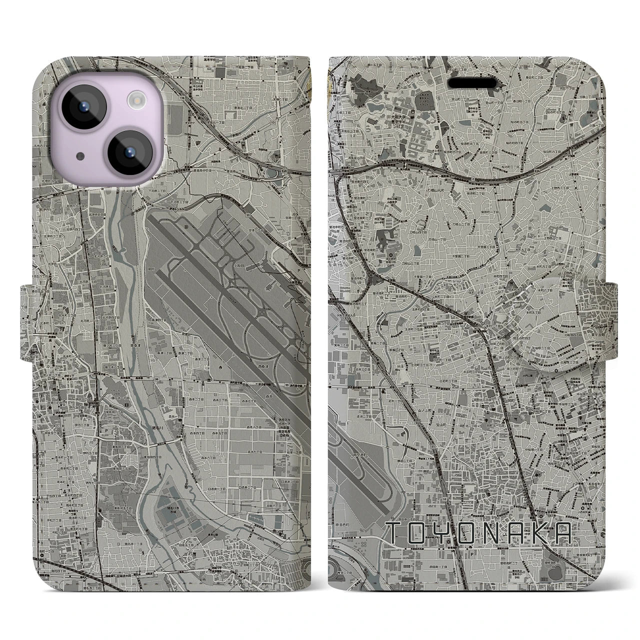 【豊中(大阪府)】地図柄iPhoneケース(手帳タイプ)モノトーン・iPhone 14 用