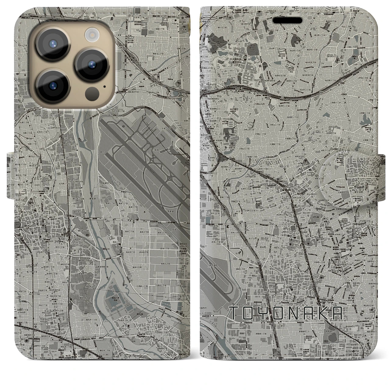 【豊中(大阪府)】地図柄iPhoneケース(手帳タイプ)モノトーン・iPhone 14 Pro Max 用