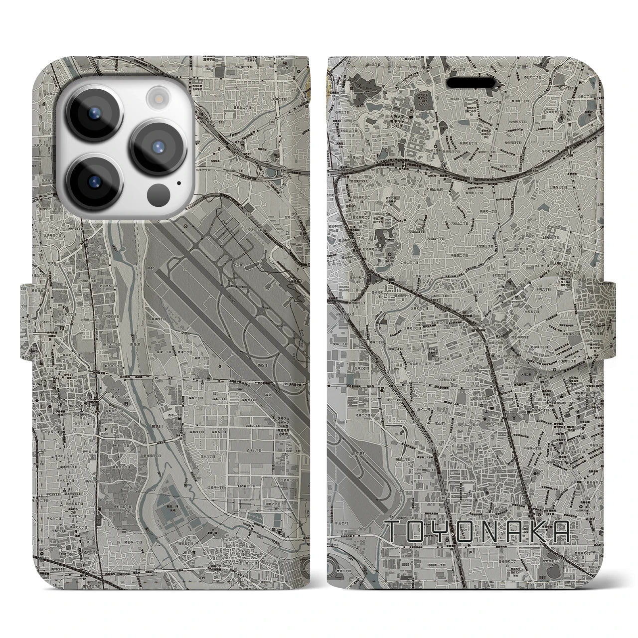 【豊中(大阪府)】地図柄iPhoneケース(手帳タイプ)モノトーン・iPhone 14 Pro 用