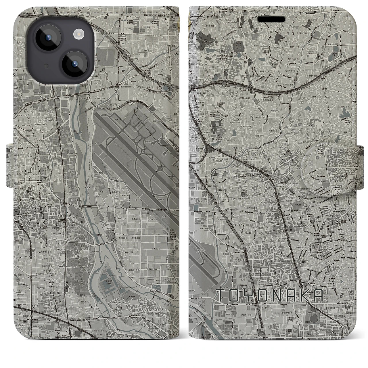 【豊中(大阪府)】地図柄iPhoneケース(手帳タイプ)モノトーン・iPhone 14 Plus 用