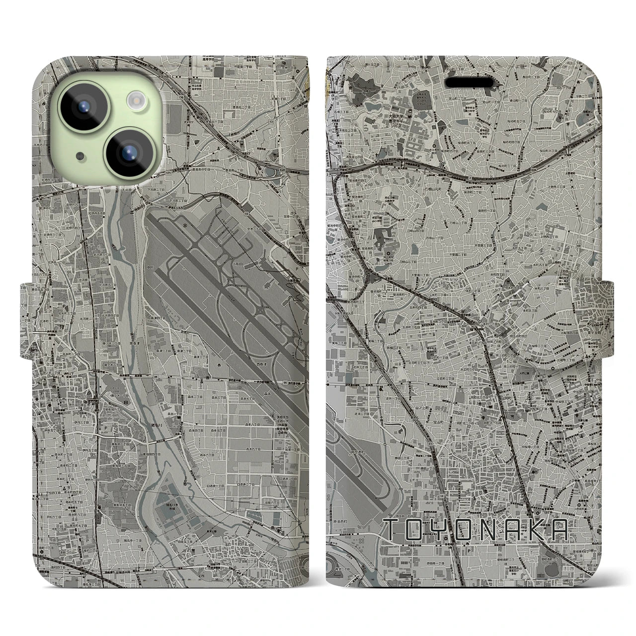 【豊中(大阪府)】地図柄iPhoneケース(手帳タイプ)モノトーン・iPhone 15 用