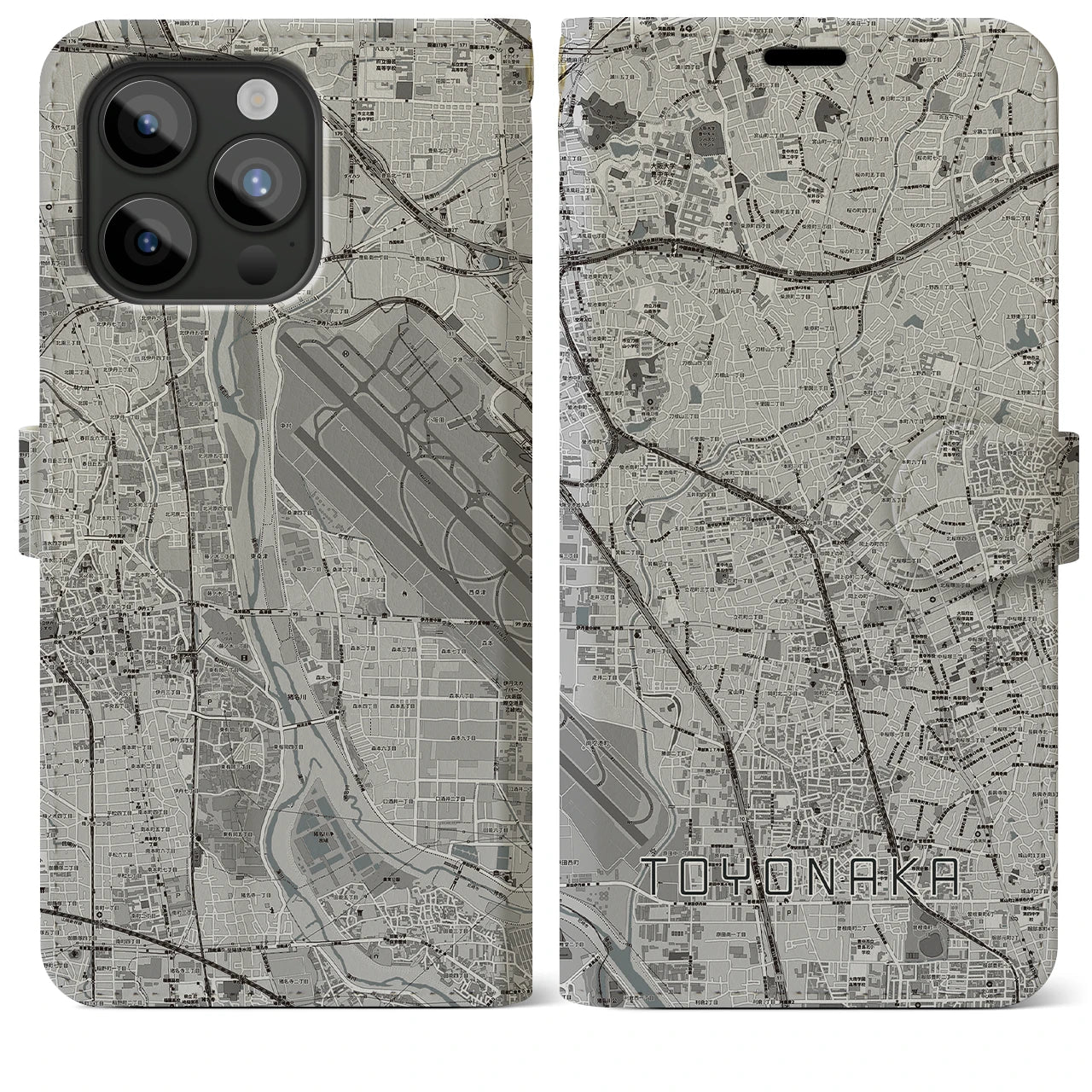 【豊中(大阪府)】地図柄iPhoneケース(手帳タイプ)モノトーン・iPhone 15 Pro Max 用