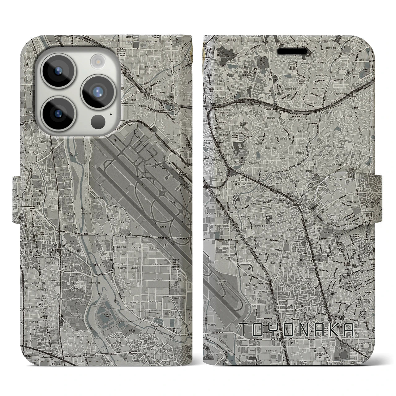 【豊中(大阪府)】地図柄iPhoneケース(手帳タイプ)モノトーン・iPhone 15 Pro 用
