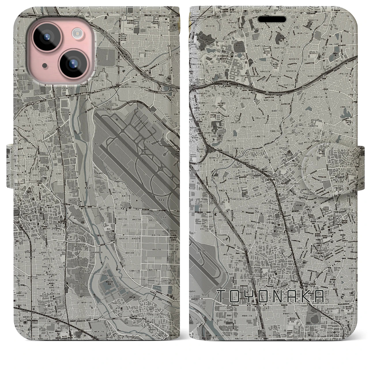【豊中(大阪府)】地図柄iPhoneケース(手帳タイプ)モノトーン・iPhone 15 Plus 用