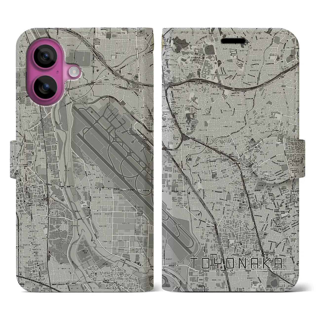 【豊中(大阪府)】地図柄iPhoneケース(手帳タイプ)モノトーン・iPhone 16 Pro 用