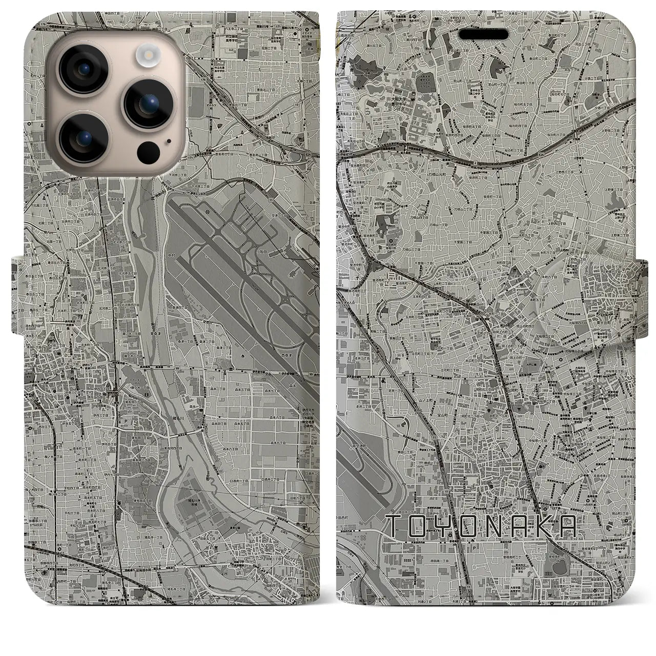 【豊中(大阪府)】地図柄iPhoneケース(手帳タイプ)モノトーン・iPhone 16 Plus 用