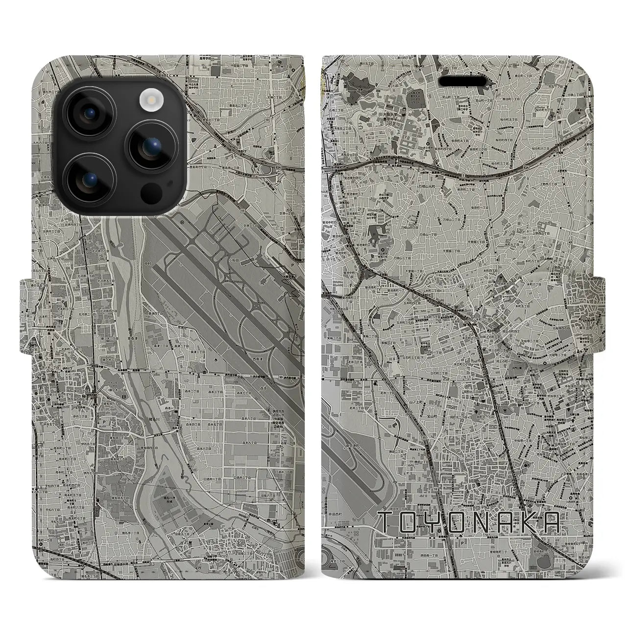 【豊中(大阪府)】地図柄iPhoneケース(手帳タイプ)モノトーン・iPhone 16 用