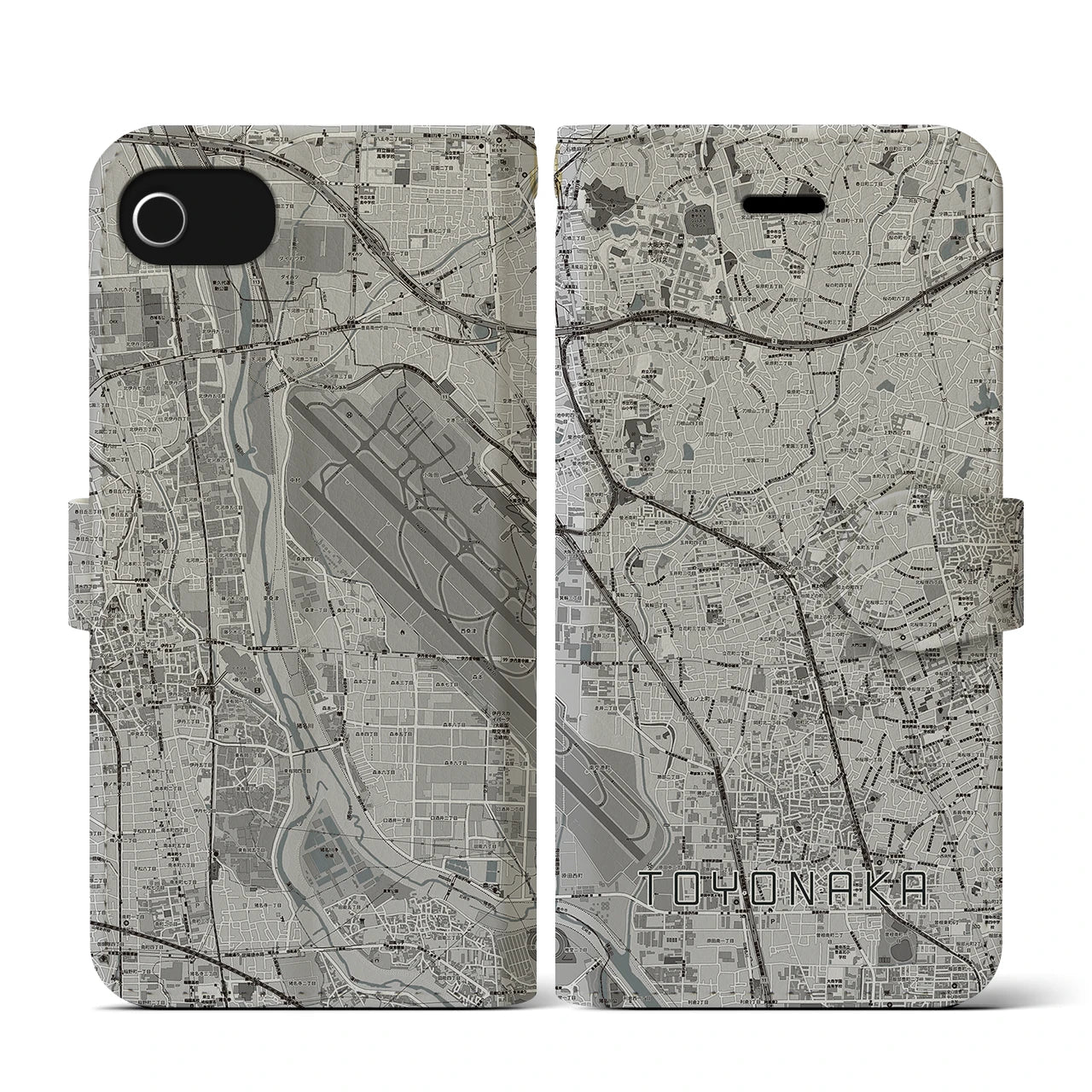 【豊中(大阪府)】地図柄iPhoneケース(手帳タイプ)モノトーン・iPhone SE(第3 / 第2世代) / 8 / 7 / 6s / 6 用