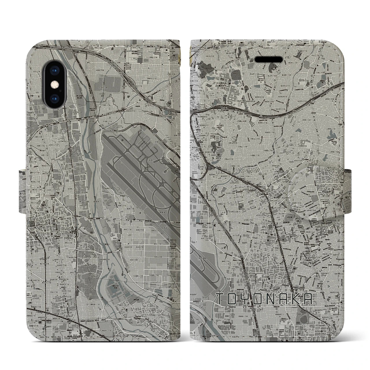 【豊中(大阪府)】地図柄iPhoneケース(手帳タイプ)モノトーン・iPhone XS / X 用