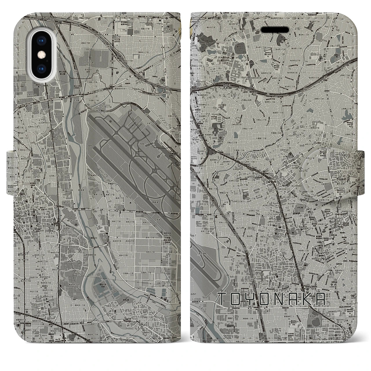 【豊中(大阪府)】地図柄iPhoneケース(手帳タイプ)モノトーン・iPhone XS Max 用
