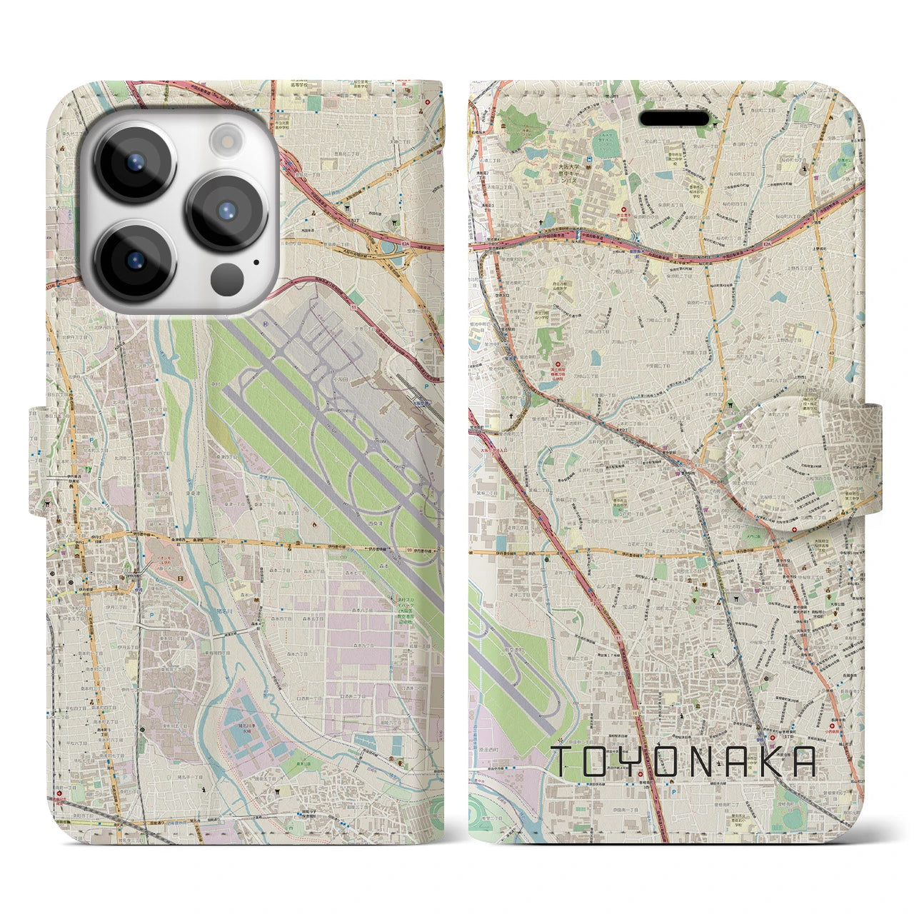 【豊中(大阪府)】地図柄iPhoneケース(手帳タイプ)ナチュラル・iPhone 14 Pro 用