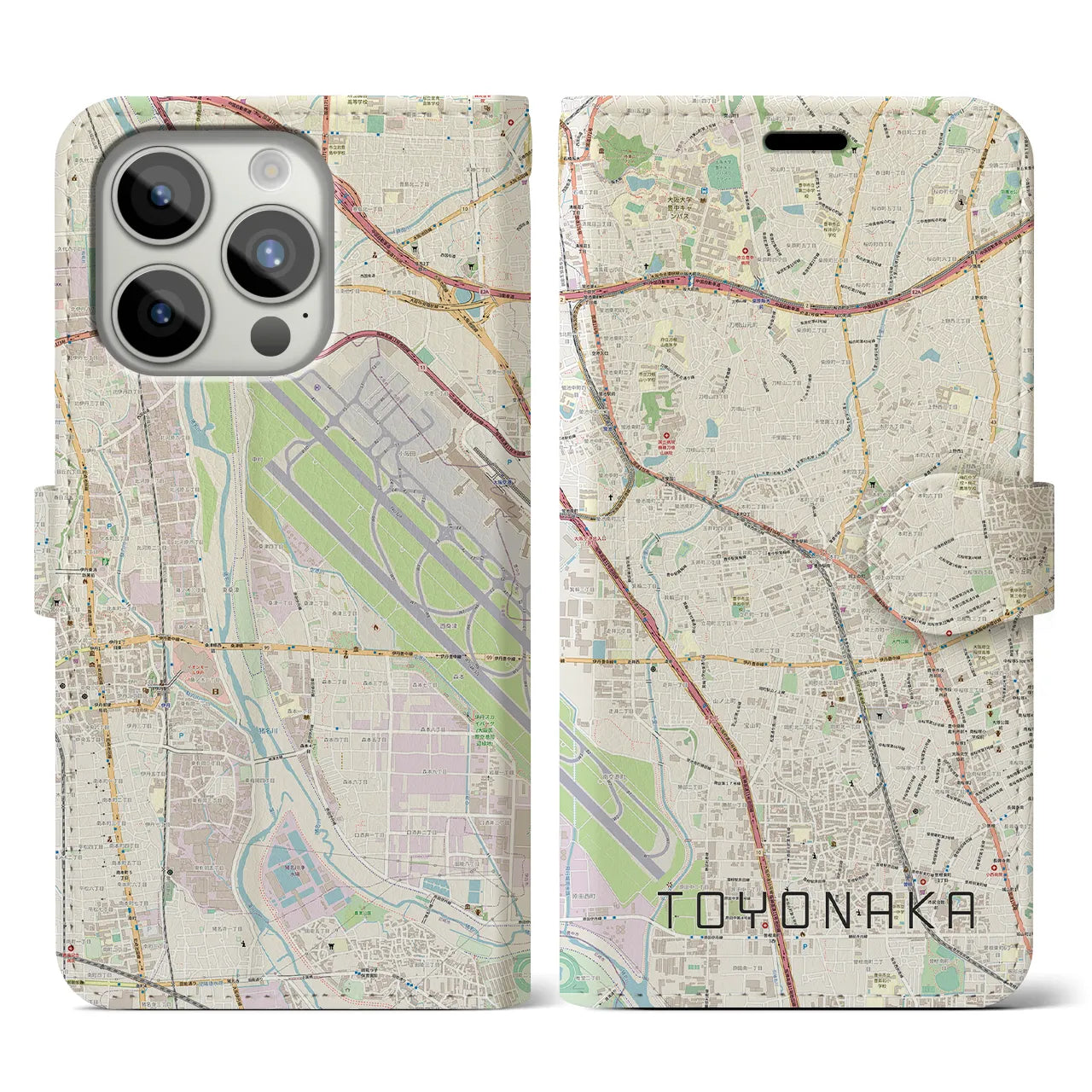 【豊中(大阪府)】地図柄iPhoneケース(手帳タイプ)ナチュラル・iPhone 15 Pro 用