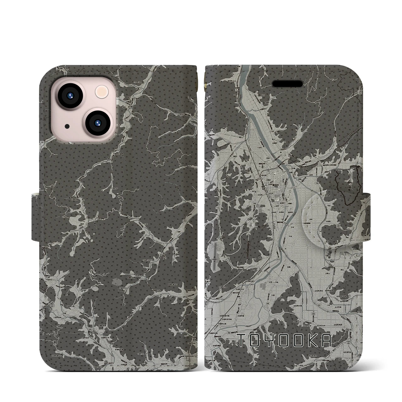 【豊岡(兵庫県)】地図柄iPhoneケース(手帳タイプ)モノトーン・iPhone 13 mini 用
