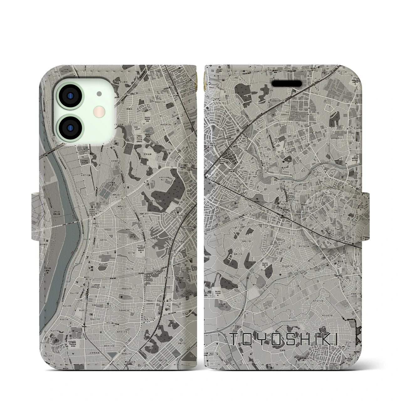 【豊四季(千葉県)】地図柄iPhoneケース(手帳タイプ)モノトーン・iPhone 12 mini 用