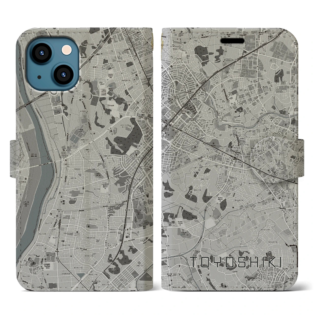 【豊四季(千葉県)】地図柄iPhoneケース(手帳タイプ)モノトーン・iPhone 13 用