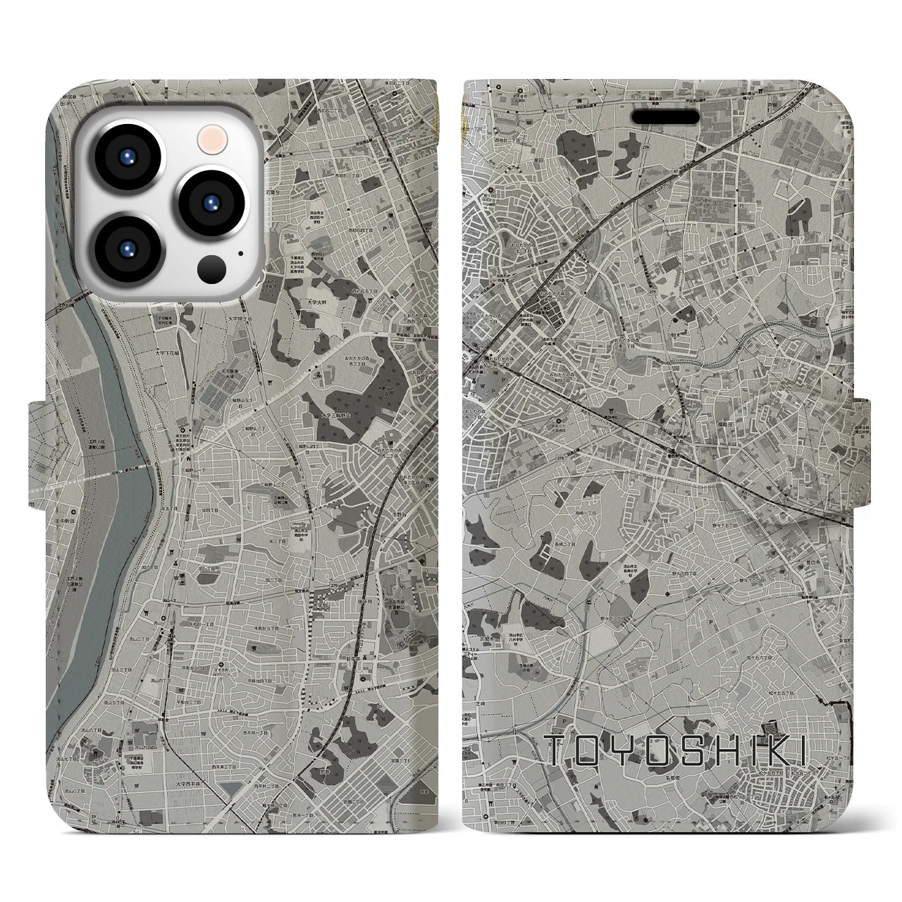 【豊四季(千葉県)】地図柄iPhoneケース(手帳タイプ)モノトーン・iPhone 13 Pro 用