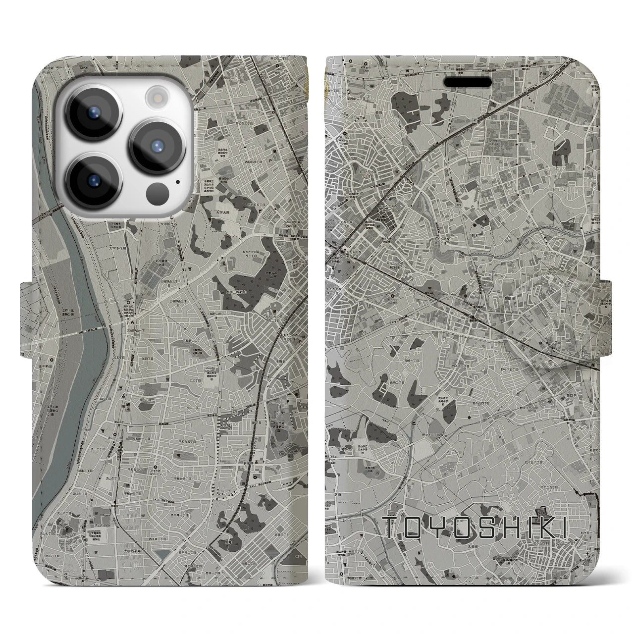 【豊四季(千葉県)】地図柄iPhoneケース(手帳タイプ)モノトーン・iPhone 14 Pro 用