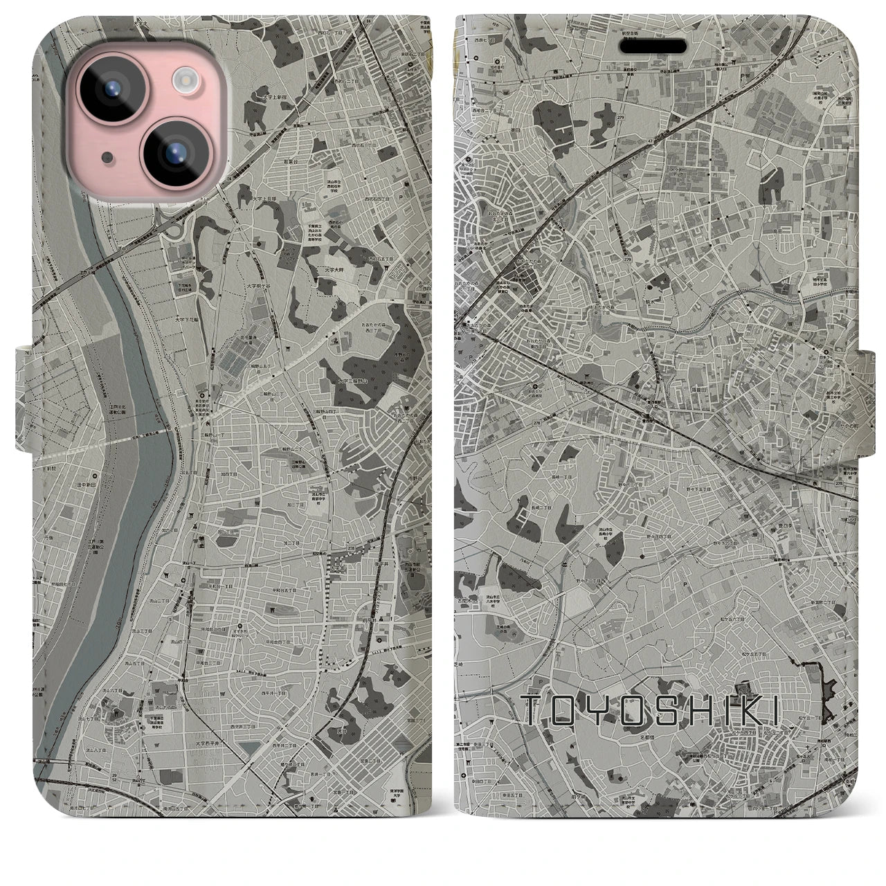 【豊四季(千葉県)】地図柄iPhoneケース(手帳タイプ)モノトーン・iPhone 15 Plus 用