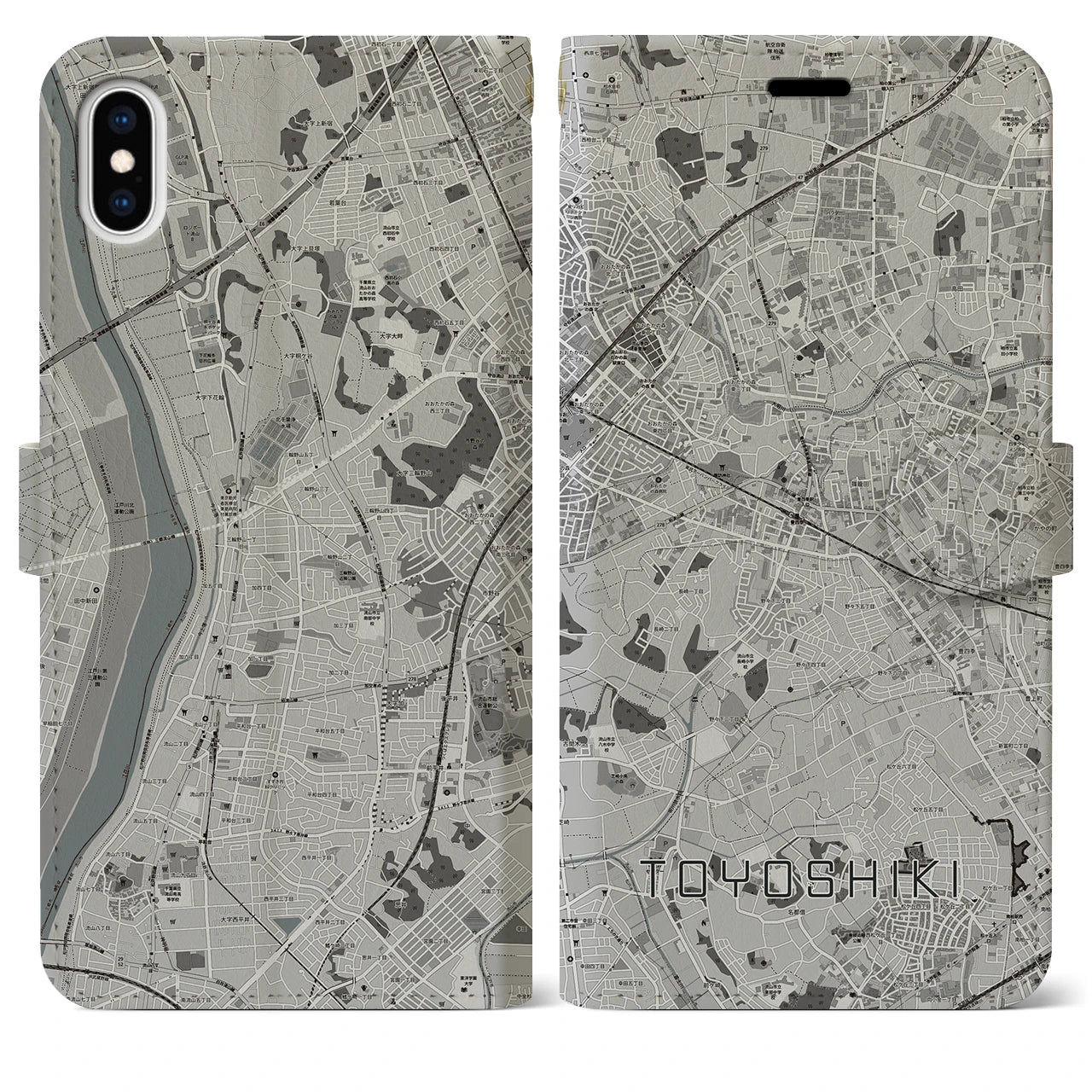 【豊四季(千葉県)】地図柄iPhoneケース(手帳タイプ)モノトーン・iPhone XS Max 用