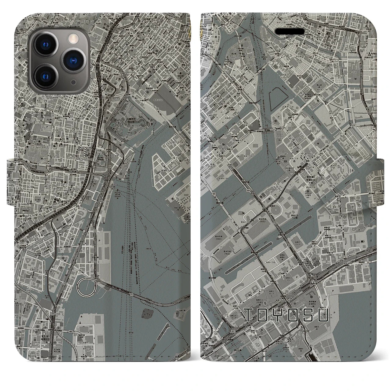 【豊洲(東京都)】地図柄iPhoneケース(手帳タイプ)モノトーン・iPhone 11 Pro Max 用