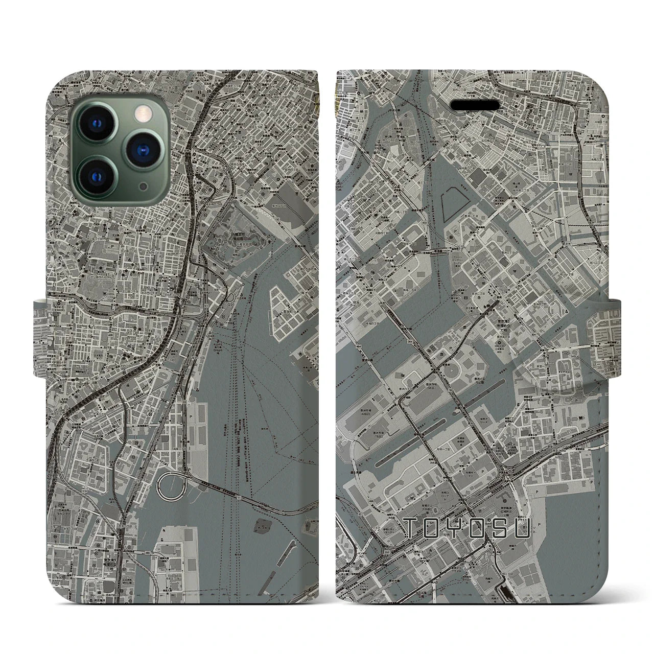 【豊洲(東京都)】地図柄iPhoneケース(手帳タイプ)モノトーン・iPhone 11 Pro 用
