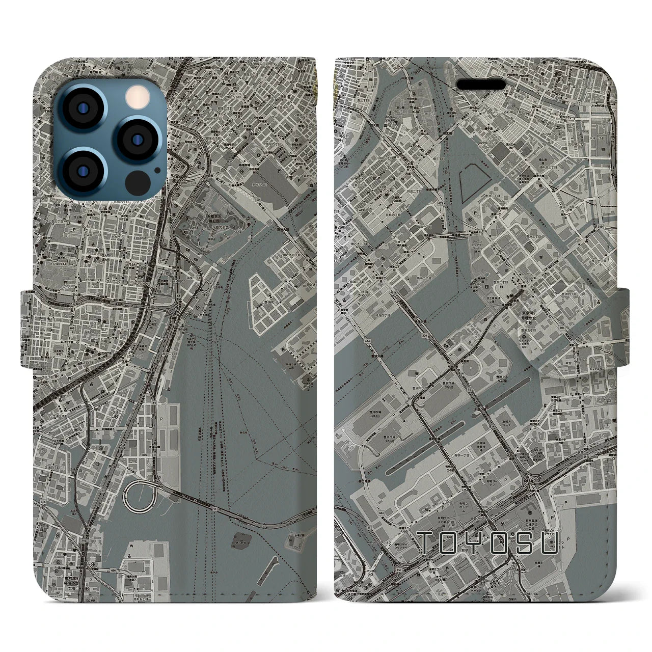 【豊洲(東京都)】地図柄iPhoneケース(手帳タイプ)モノトーン・iPhone 12 / 12 Pro 用