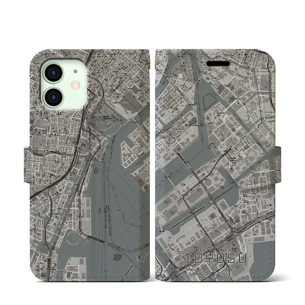 【豊洲(東京都)】地図柄iPhoneケース(手帳タイプ)モノトーン・iPhone 12 mini 用