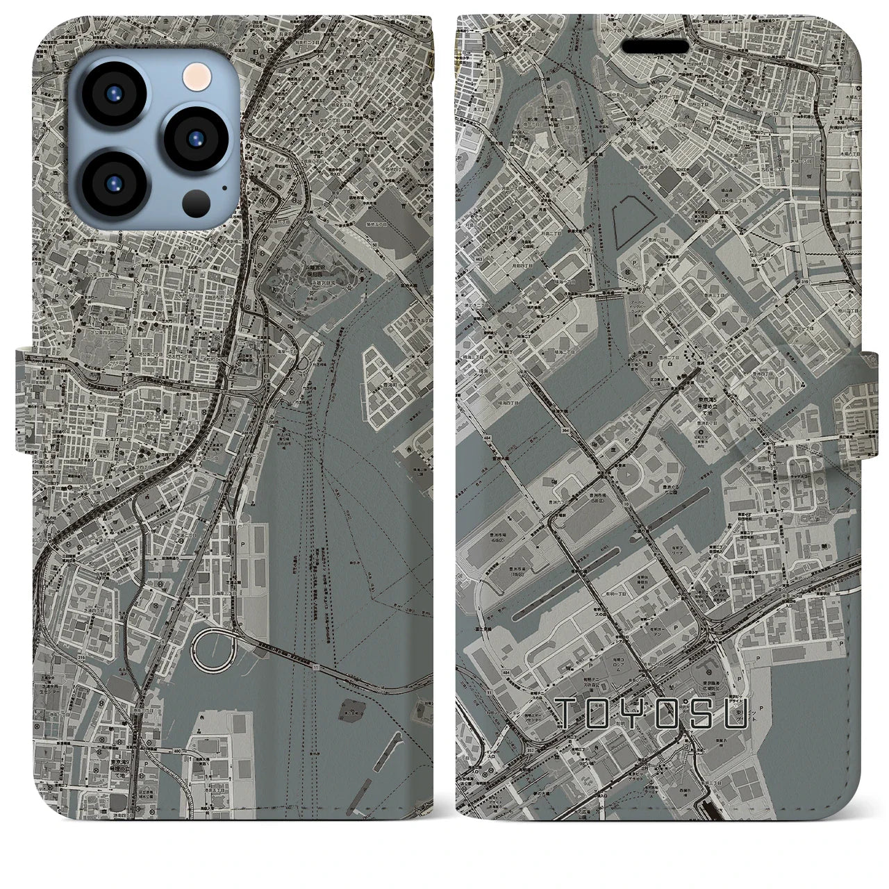 【豊洲(東京都)】地図柄iPhoneケース(手帳タイプ)モノトーン・iPhone 13 Pro Max 用