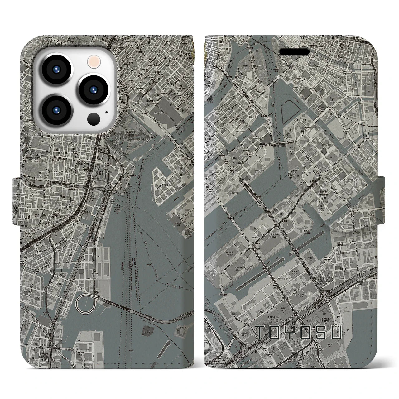 【豊洲(東京都)】地図柄iPhoneケース(手帳タイプ)モノトーン・iPhone 13 Pro 用