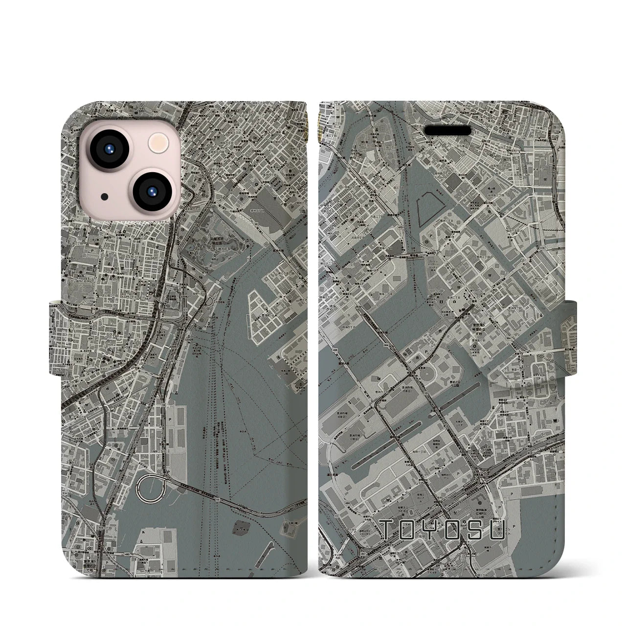 【豊洲(東京都)】地図柄iPhoneケース(手帳タイプ)モノトーン・iPhone 13 mini 用
