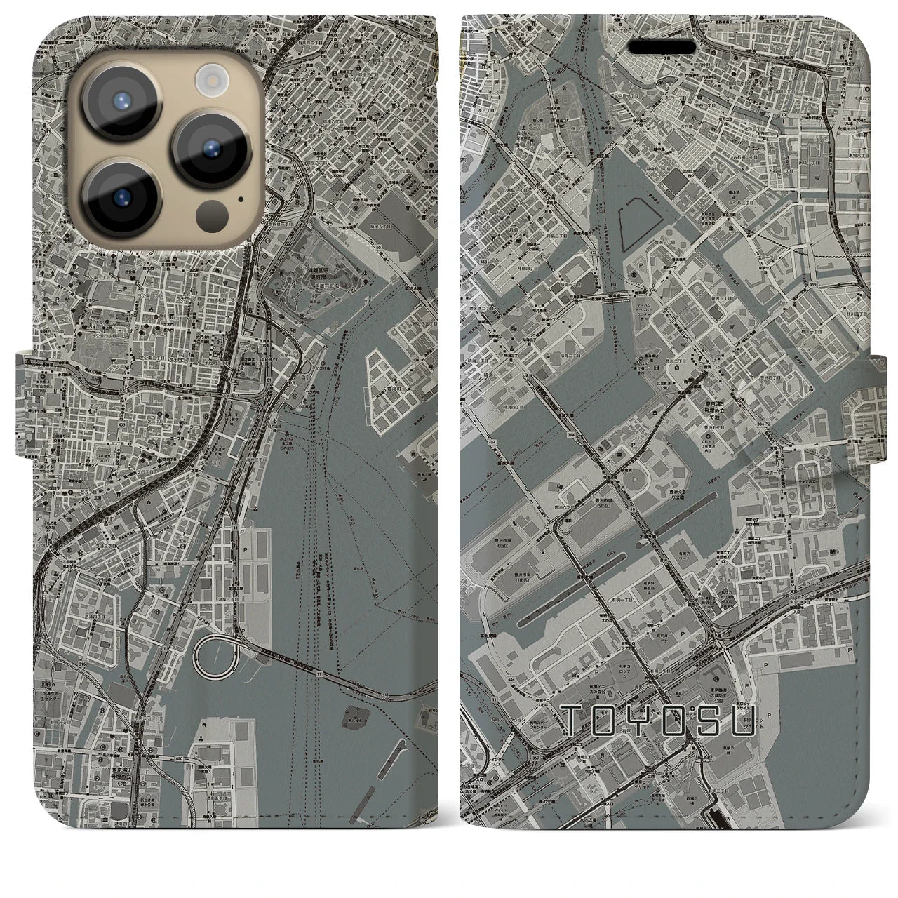 【豊洲(東京都)】地図柄iPhoneケース(手帳タイプ)モノトーン・iPhone 14 Pro Max 用