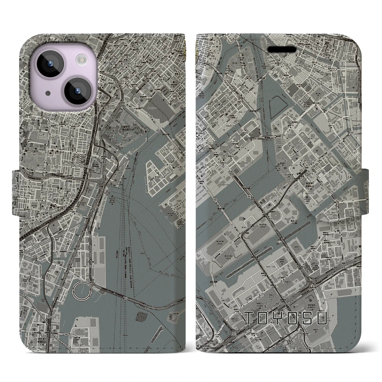 【豊洲(東京都)】地図柄iPhoneケース(手帳タイプ)モノトーン・iPhone 14 用