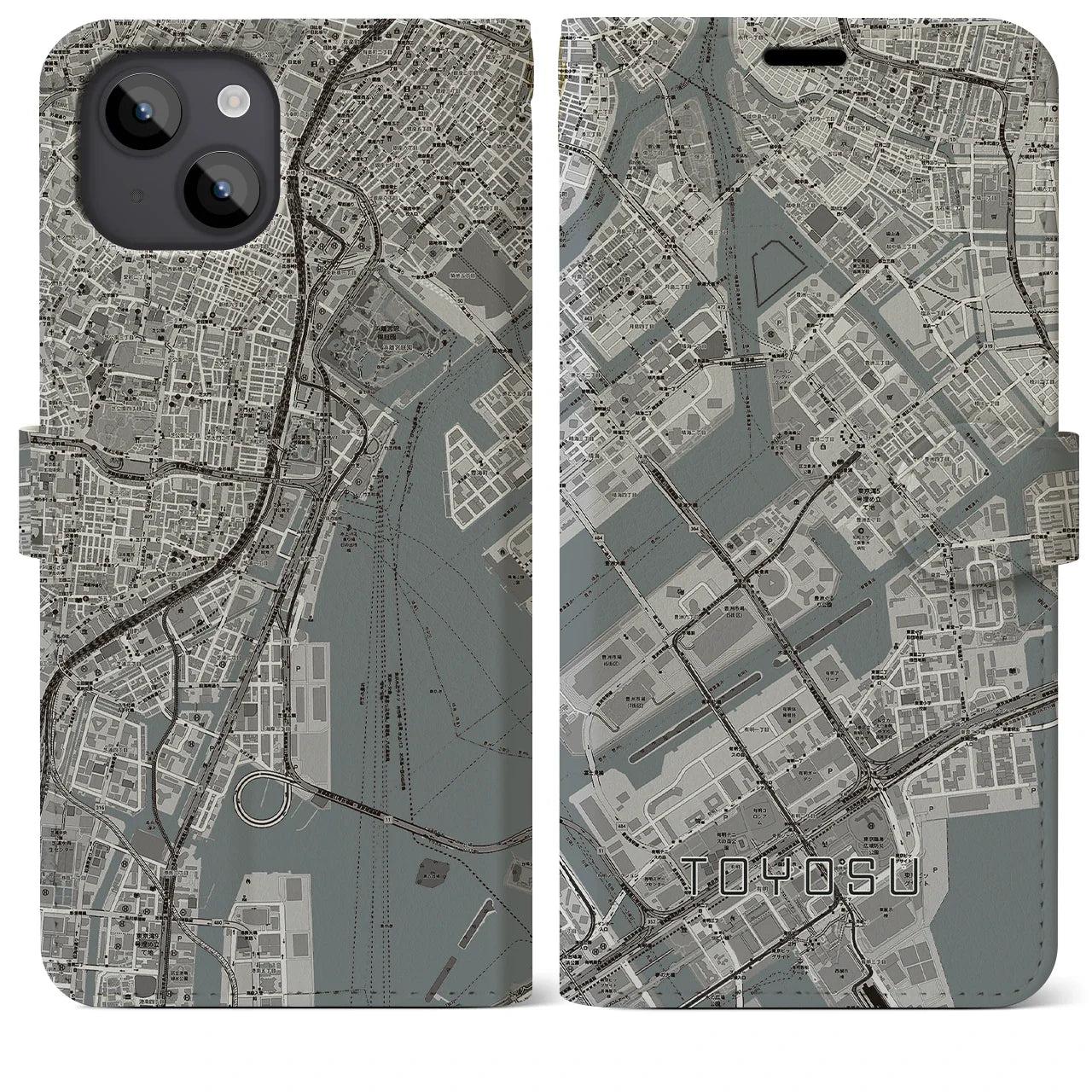 【豊洲(東京都)】地図柄iPhoneケース(手帳タイプ)モノトーン・iPhone 14 Plus 用