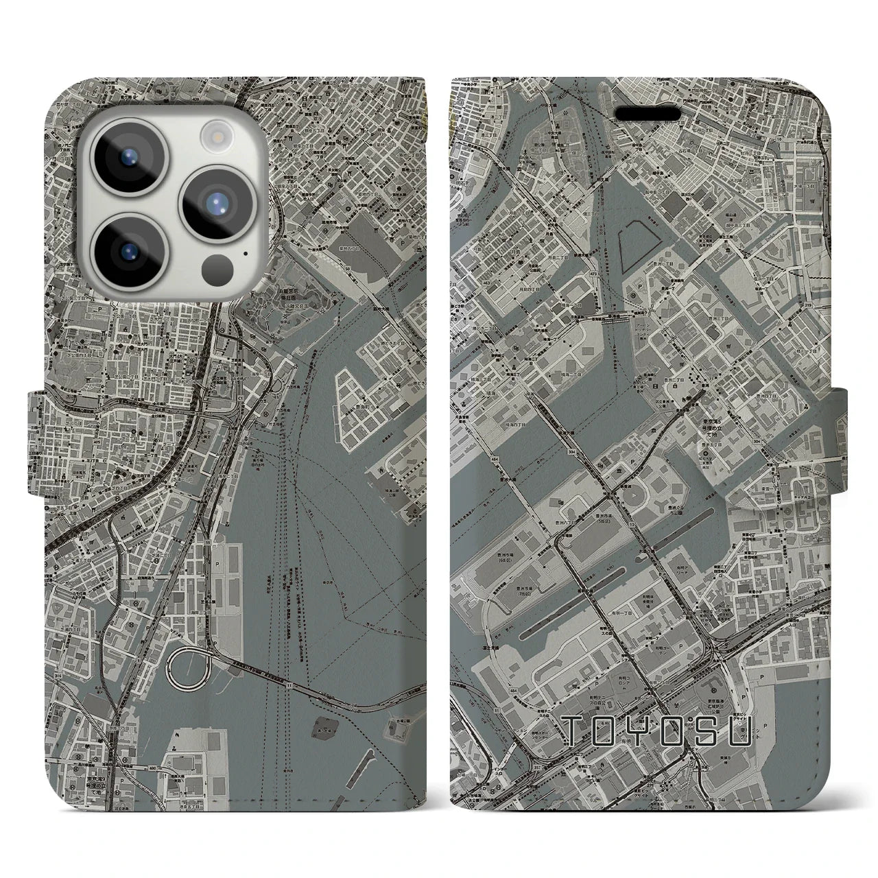 【豊洲(東京都)】地図柄iPhoneケース(手帳タイプ)モノトーン・iPhone 15 Pro 用