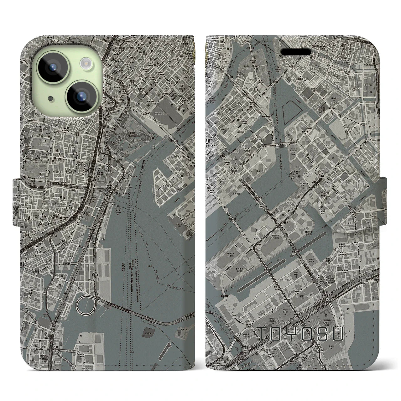 【豊洲(東京都)】地図柄iPhoneケース(手帳タイプ)モノトーン・iPhone 15 用