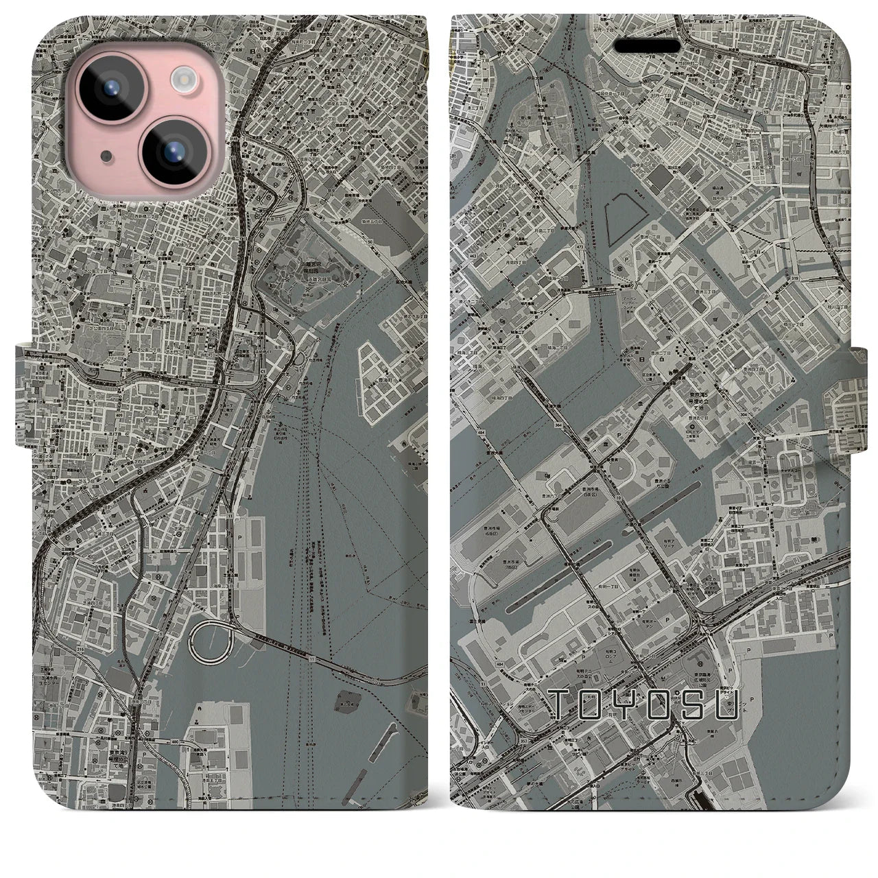 【豊洲(東京都)】地図柄iPhoneケース(手帳タイプ)モノトーン・iPhone 15 Plus 用