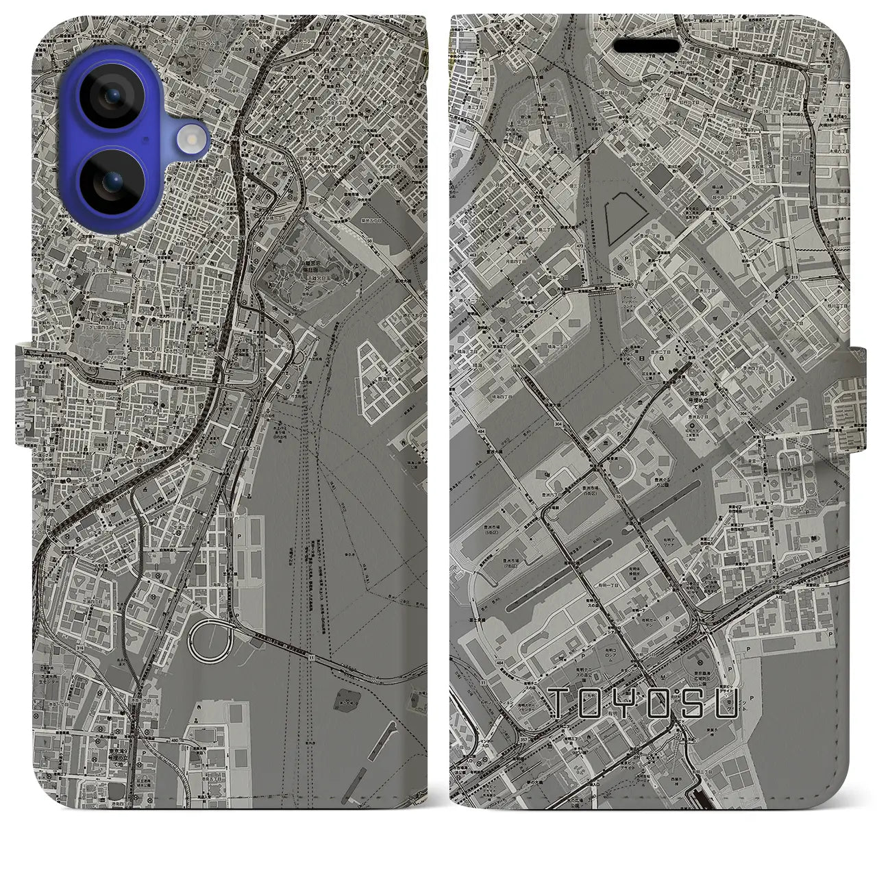 【豊洲(東京都)】地図柄iPhoneケース(手帳タイプ)モノトーン・iPhone 16 Pro Max 用